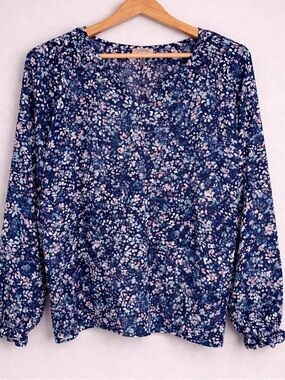 Jessica Simpson Floral Blouse Women’s Medium Blue Pink Long Sleeve Stretch Top